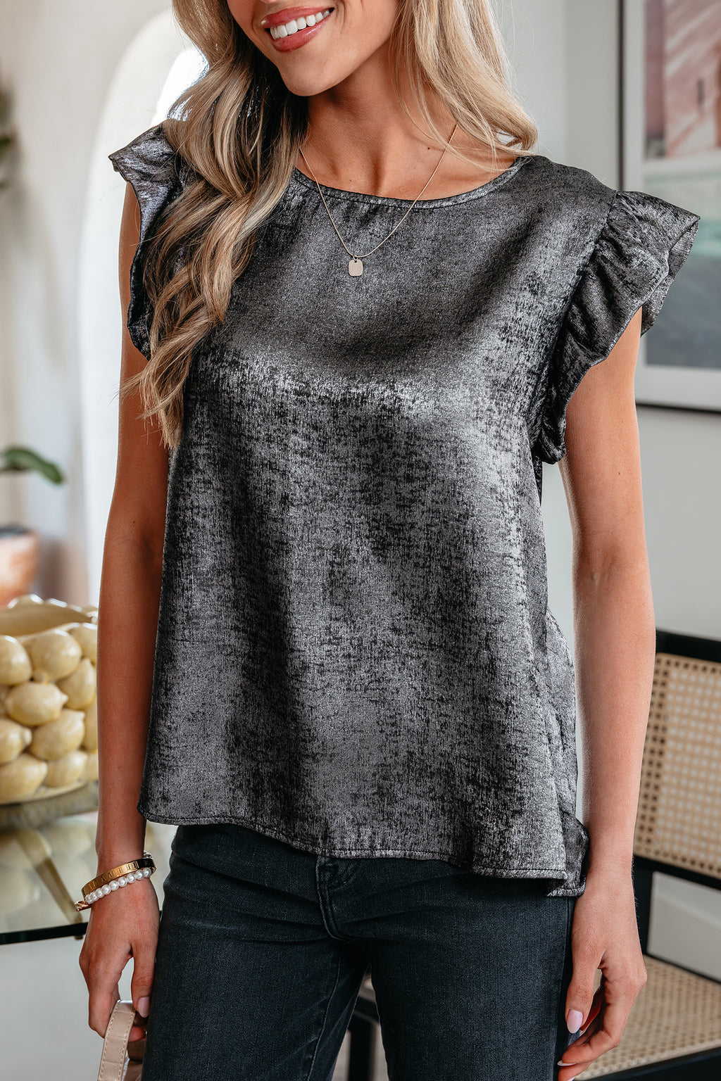 Silvery Metallic Round Neck Ruffle Trim Sleeveless Top