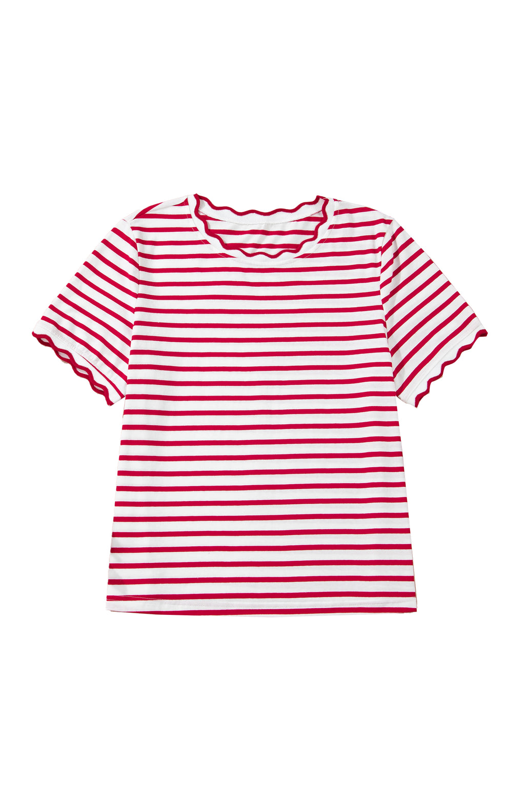 Red Stripe Scalloped Trim Round Neck T Shirt