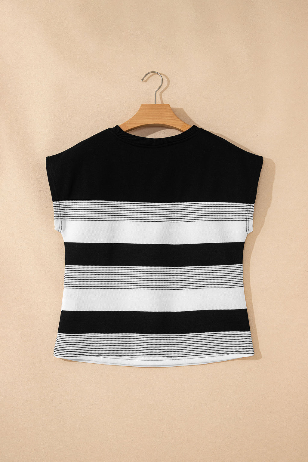 Black Stripe Mixed Print Crew Neck Cap Sleeve T Shirt