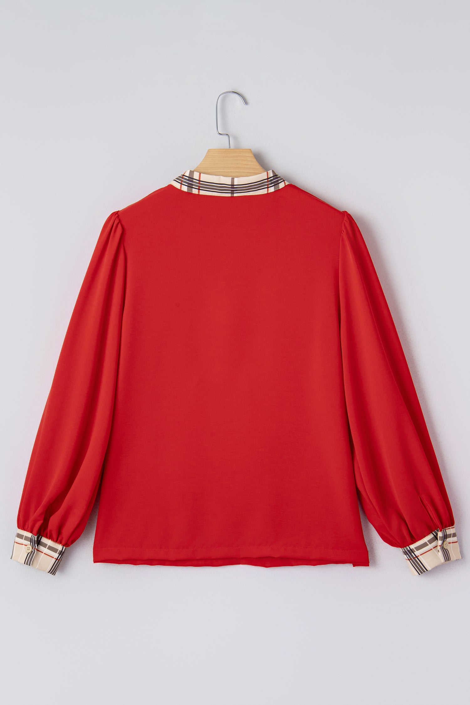 Racing Red Contrast Plaid Patchwork V Neck Long Sleeve Blouse