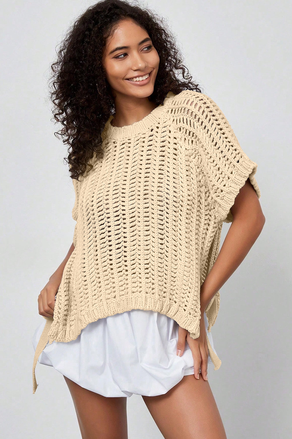 Apricot Plus Size Open Knit Bow Tie Short Sleeve Sweater