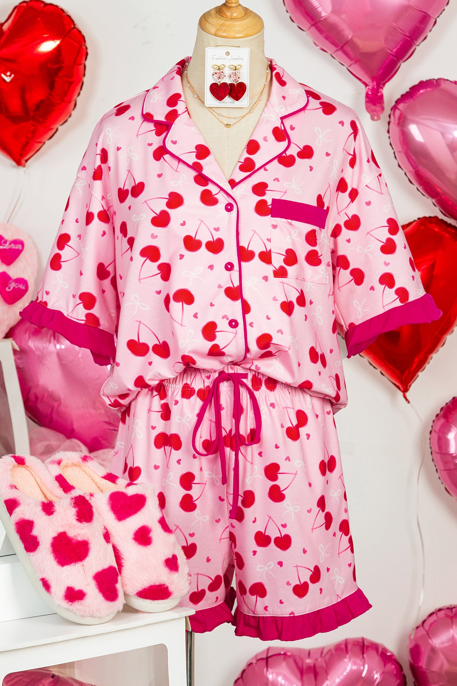 Rose Cherry Bow Mixed Print Scalloped Edge Short Pajama Set
