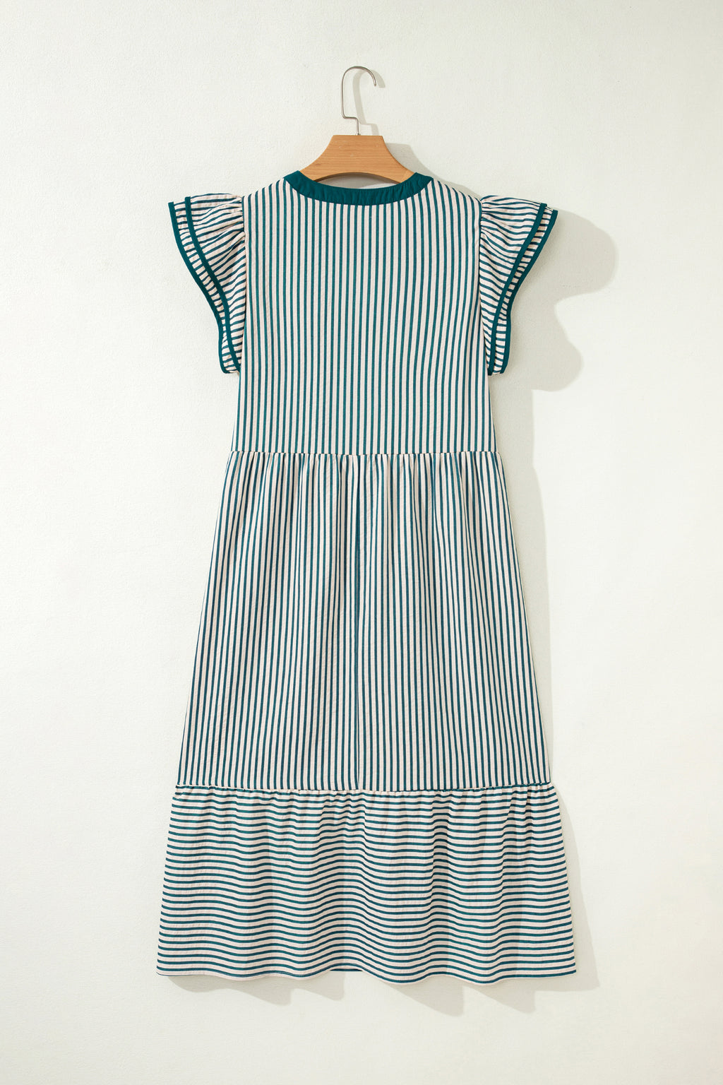 Green Stripe Double Ruffled Short Sleeve Contrast Trim V Neck Midi Dress