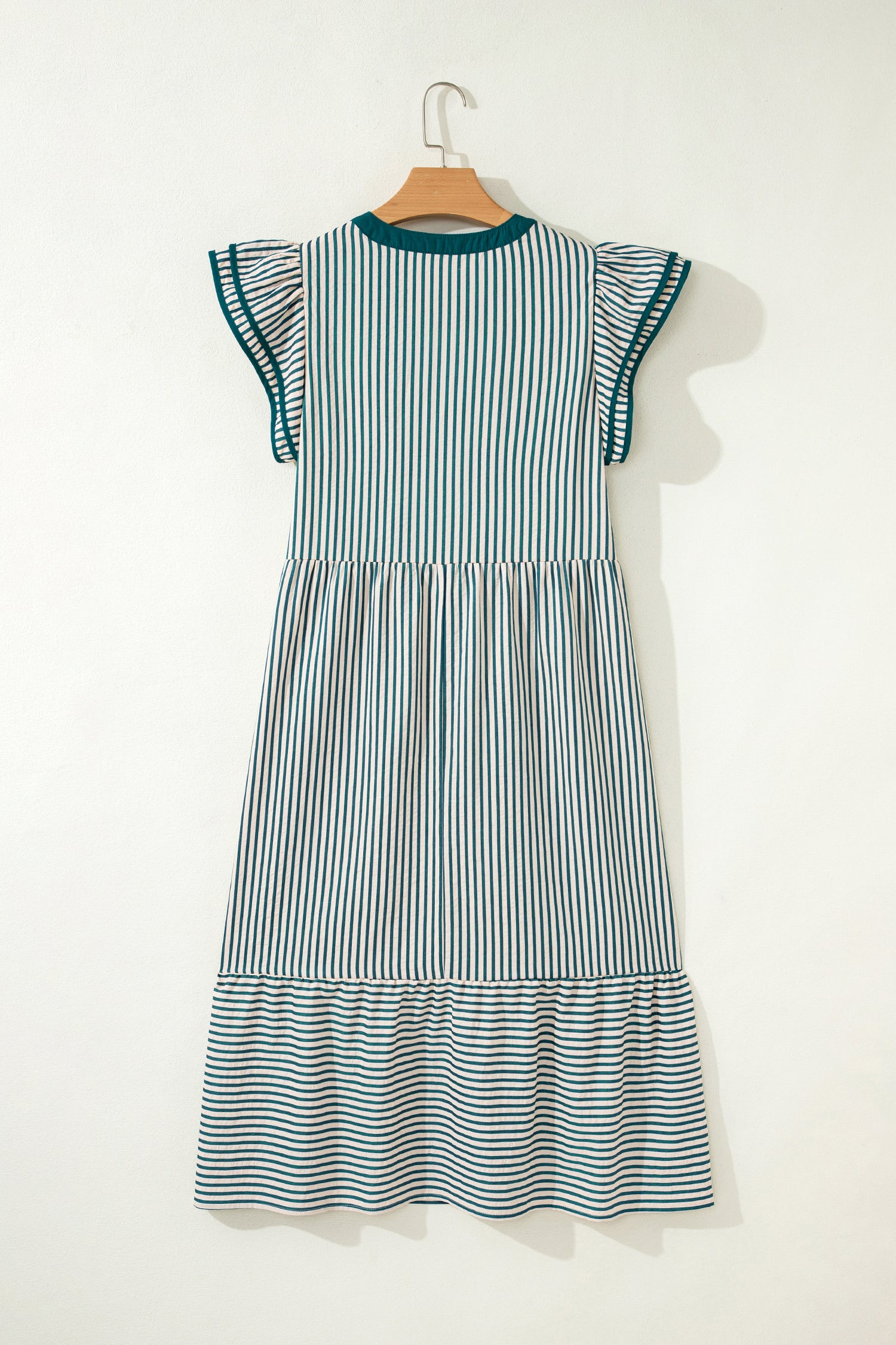 Green Stripe Double Ruffled Short Sleeve Contrast Trim V Neck Midi Dress