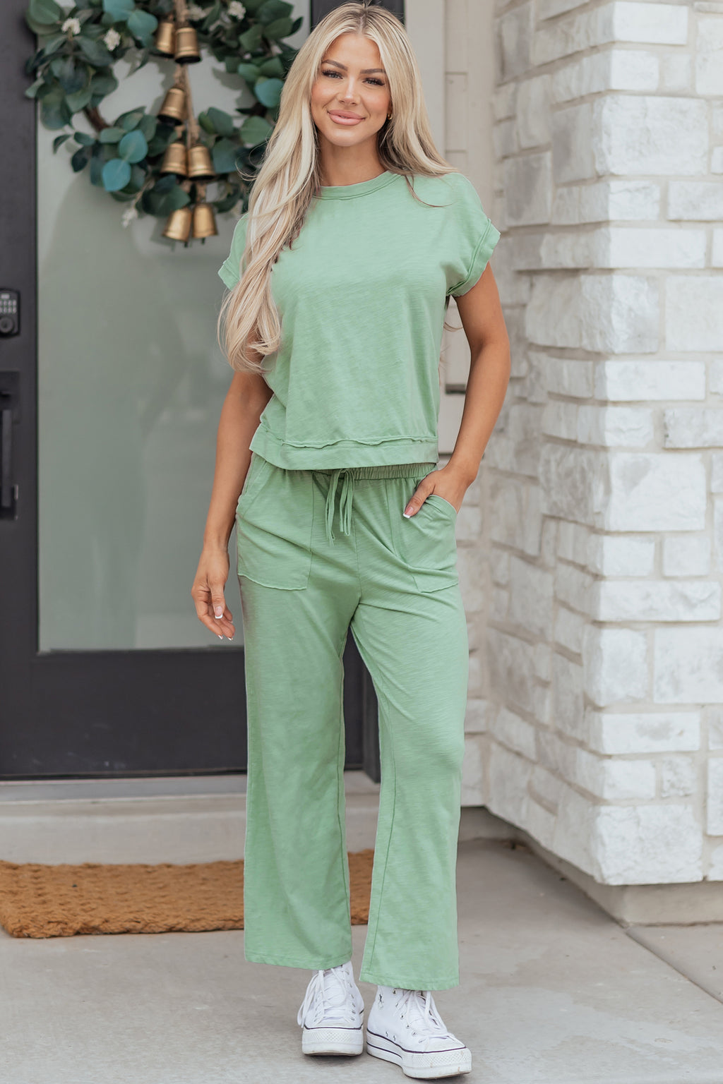 Canton Cuffed Short Sleeve Tee Raw Seam Patch Pocket Drawstring Pants Set