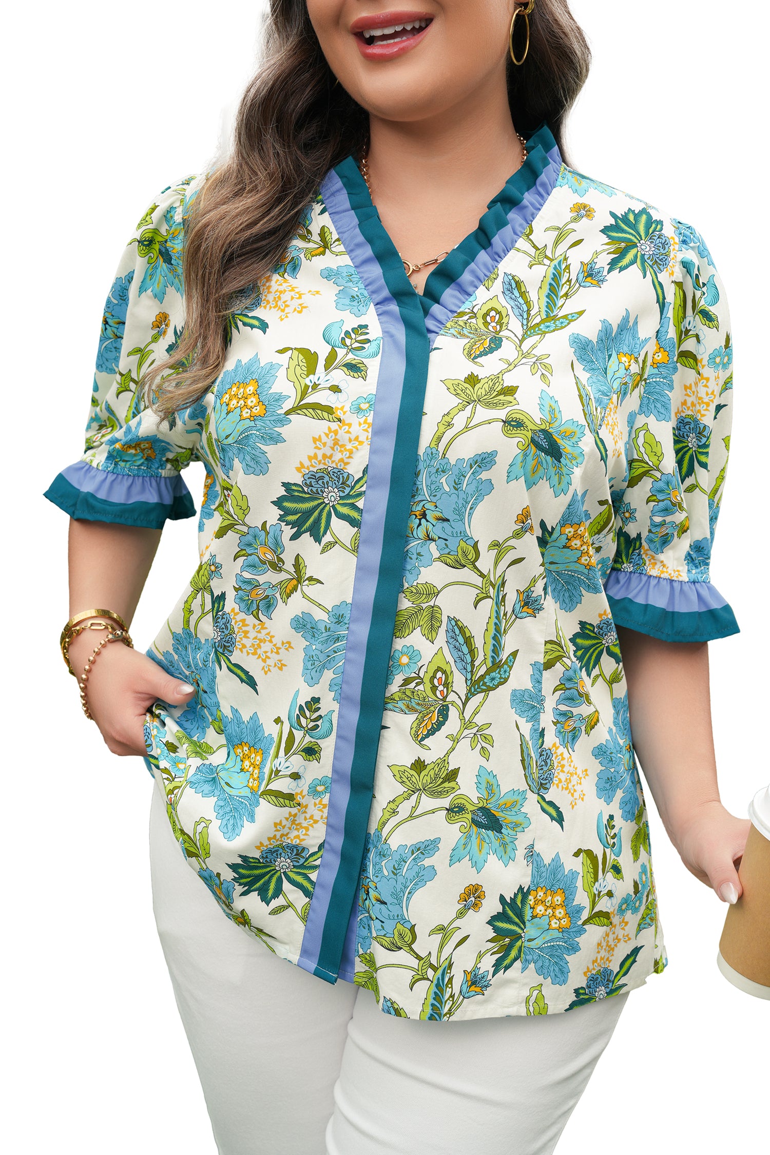 Sky Blue Plus Size Frilled V Neck Short Sleeve Floral Blouse