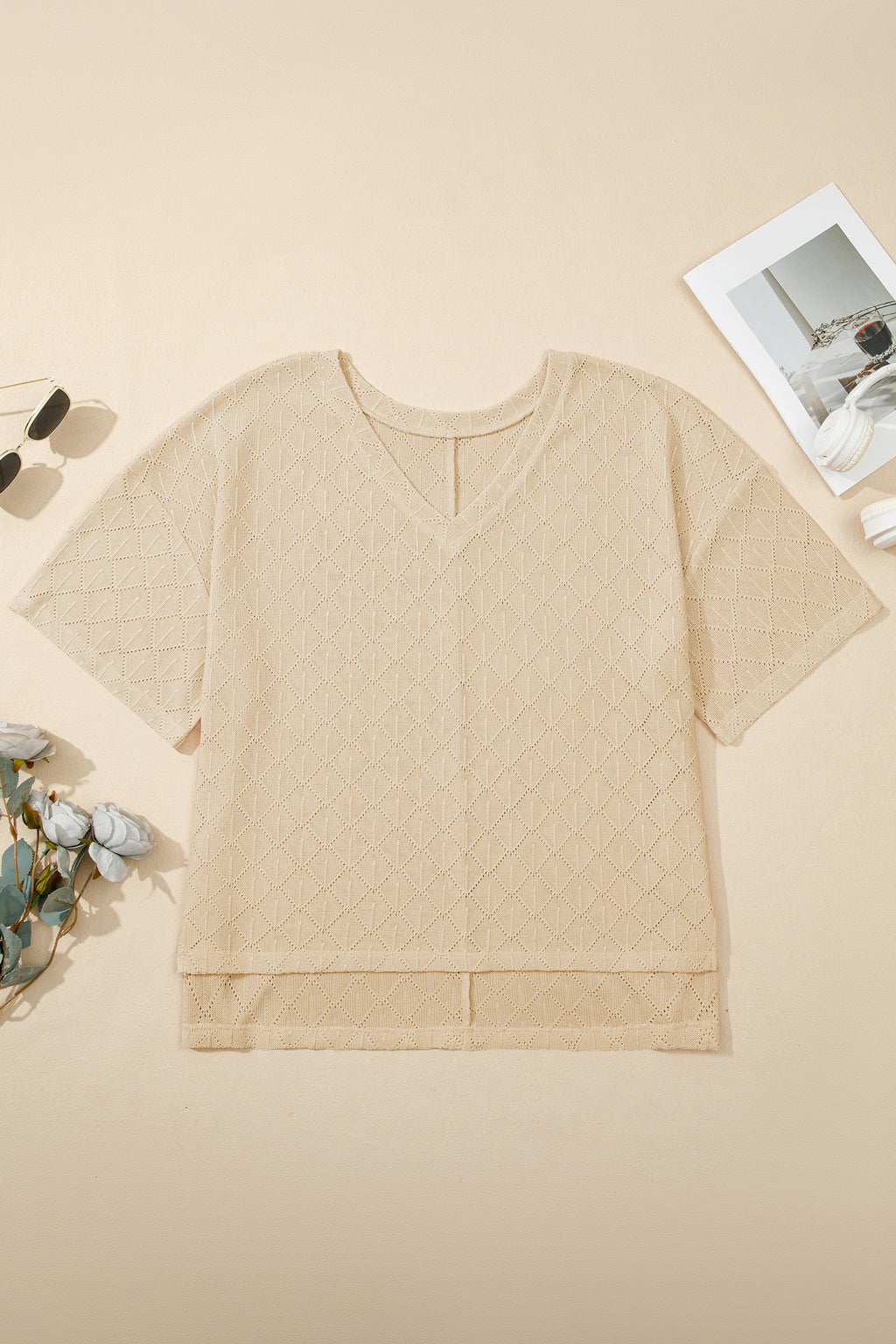 Golden Fleece Pointelle Rhombus Knit Plus Size V Neck Loose Top