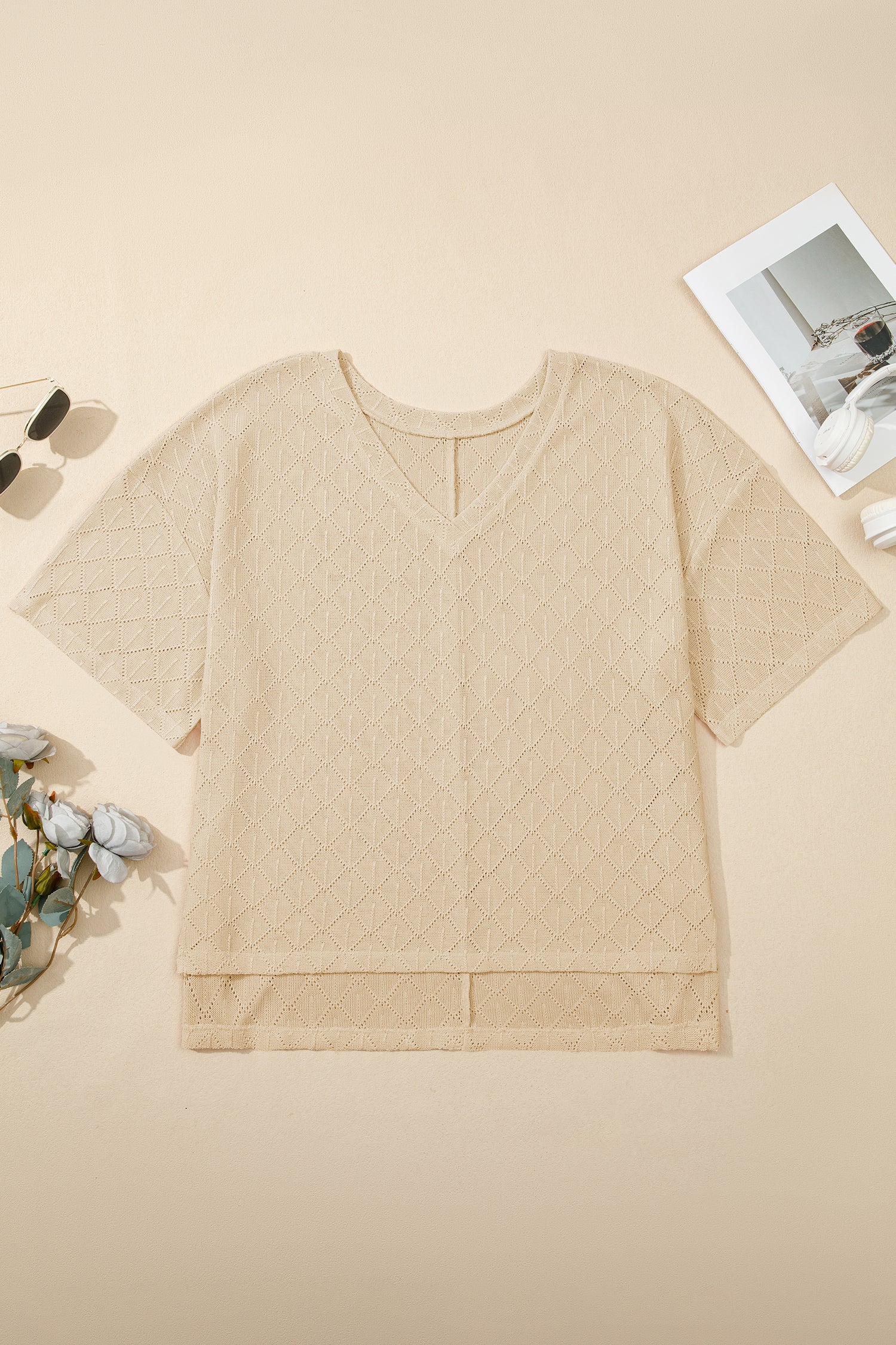 Golden Fleece Pointelle Rhombus Knit Plus Size V Neck Loose Top
