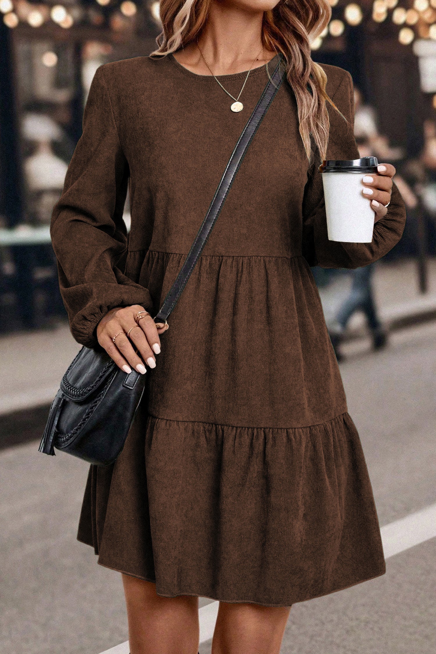 Dark Brown Lantern Sleeve Tiered Mini Dress