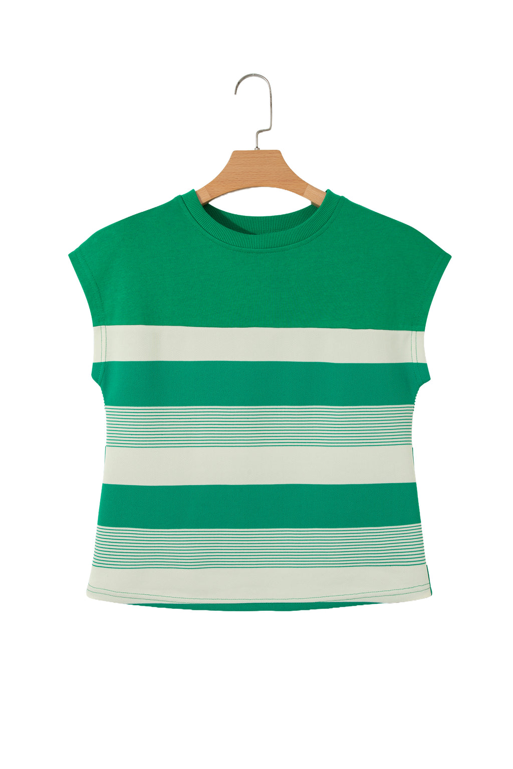 Green Stripe Mixed Print Crew Neck Cap Sleeve T Shirt