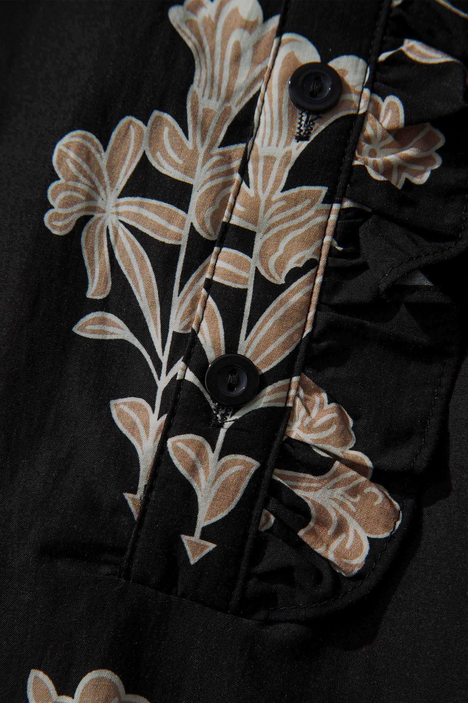 Black Floral Print Frilled Collar Short Puff Sleeve Plus Size Maxi Dress