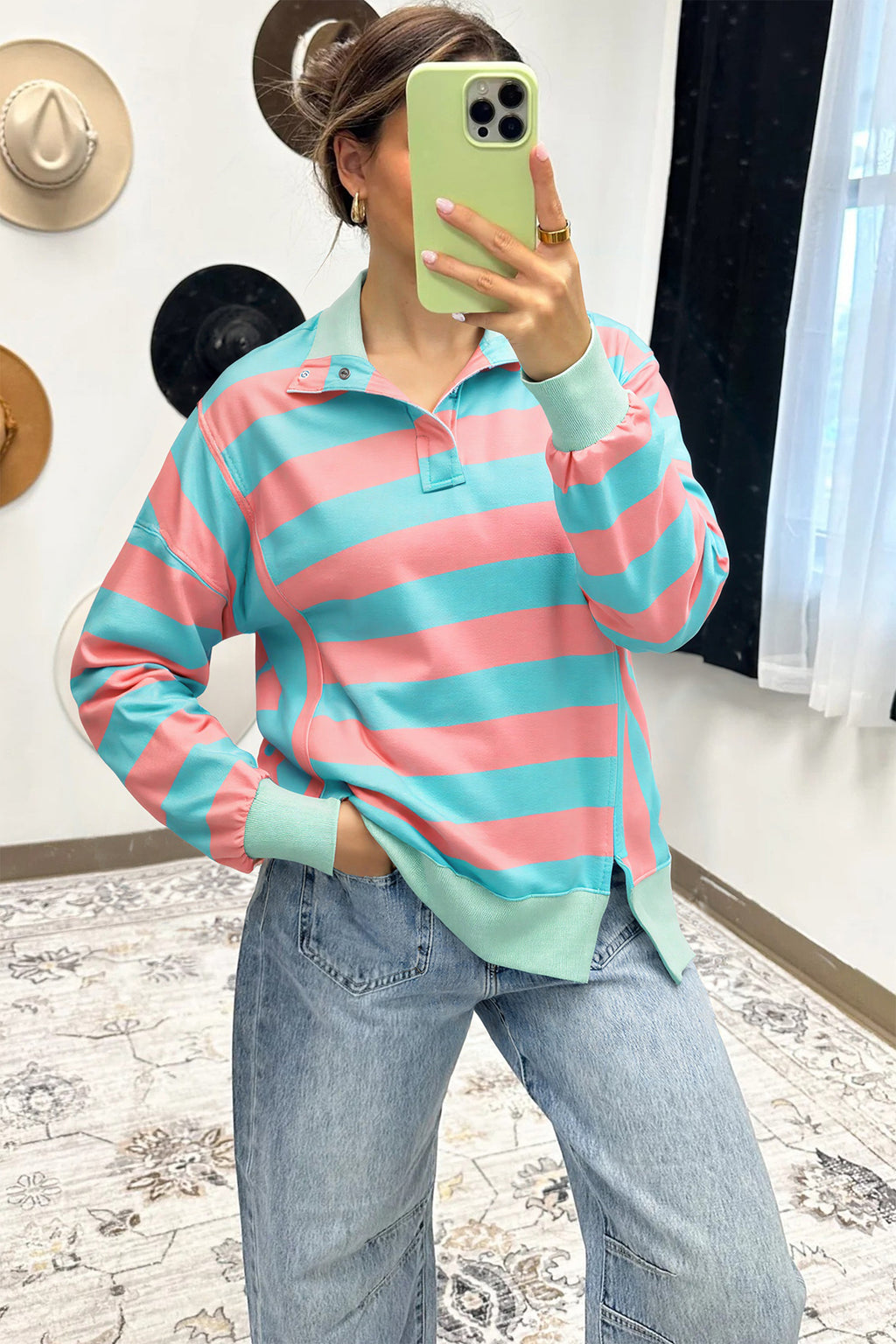 Pink Stripe Colorblock Drop Shoulder Buttoned Collar Side Slit Pullover Top