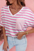 Pink Stripe V Neck Patched Pocket Casual T Shirt