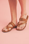 Chestnut Cross Toe Metal Buckle Leathered Flat Slippers