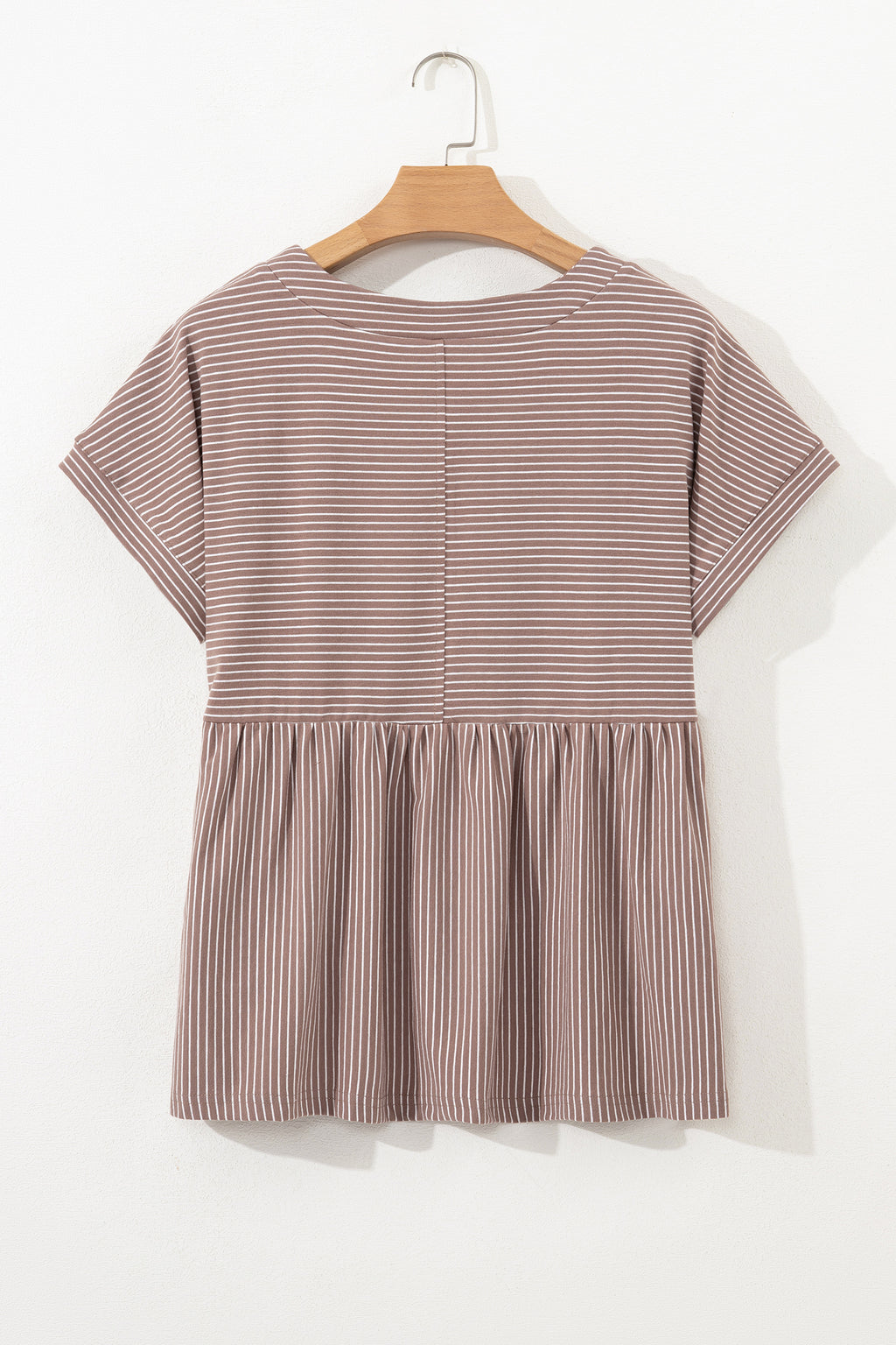 Khaki Stripe Buttoned V Neck High Low Side Slit T Shirt