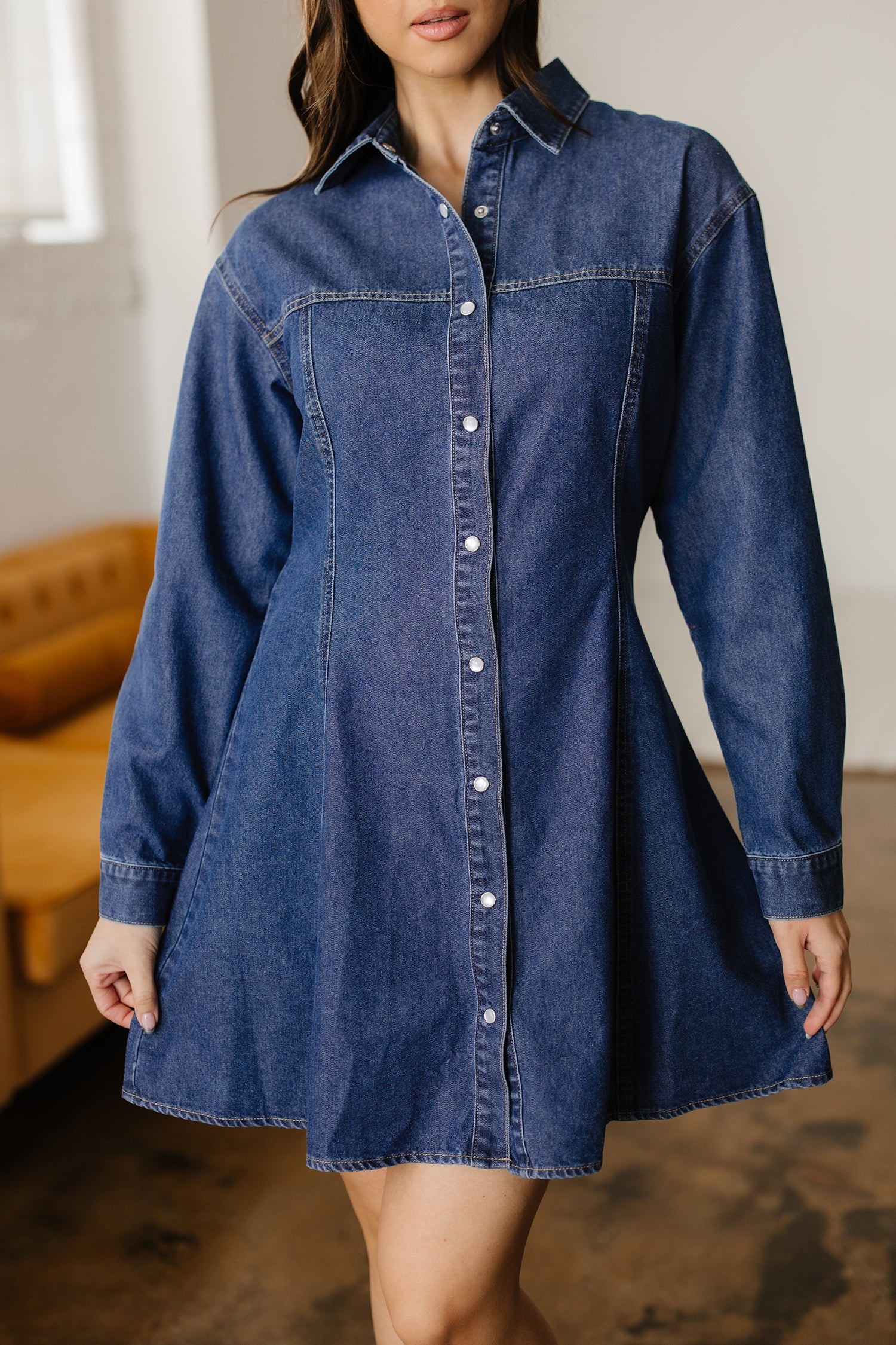 Ashleigh Blue Denim Shirt Collar Long Sleeve Flared Mini Dress