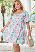 White Floral Print Ric-rac Trim Square Neck Plus Size Mini Dress