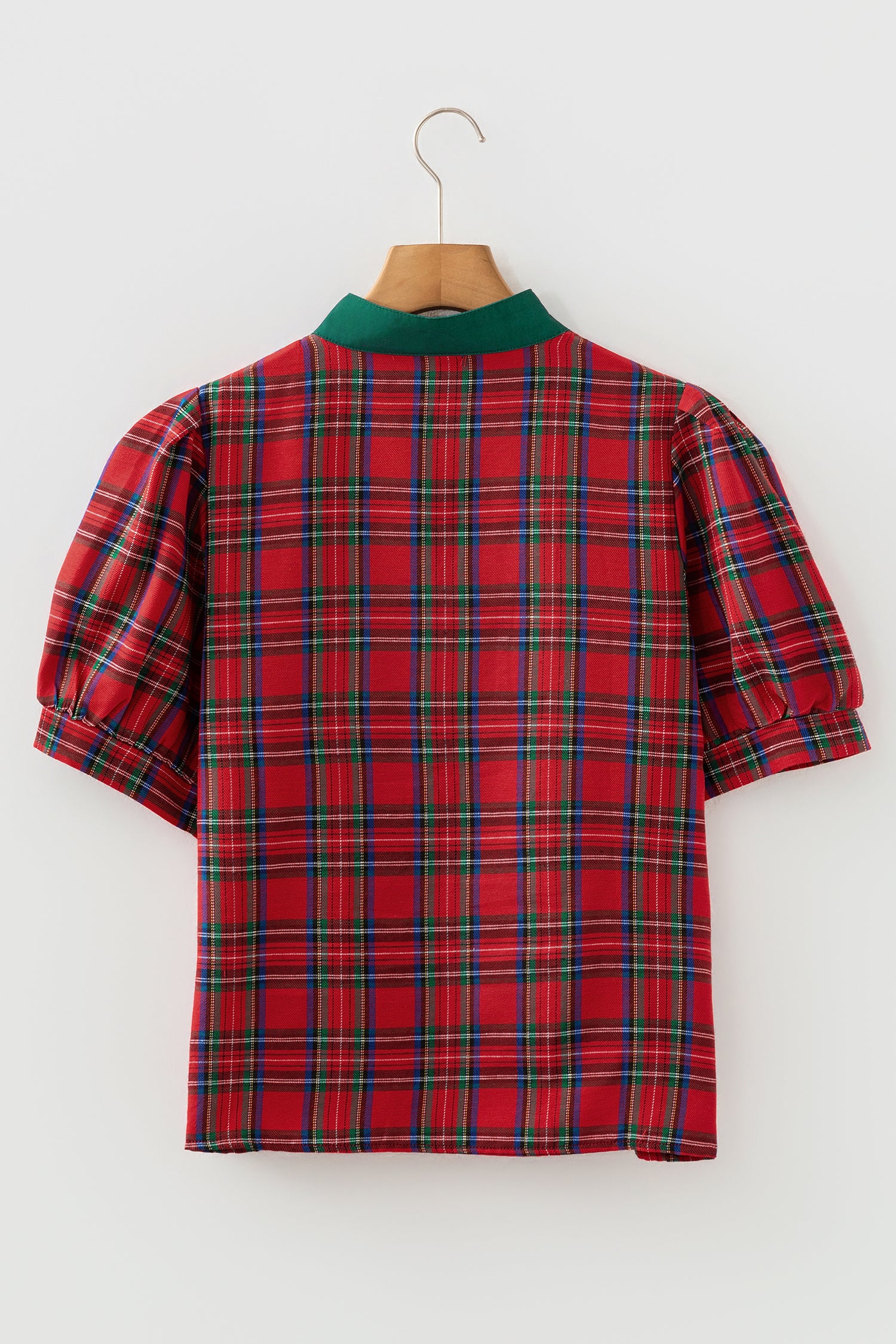 Red Plaid Print Contrast Trim V Neck Short Sleeve Blouse