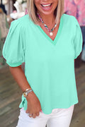 Mint Green Solid Color V Neck Short Puff Sleeve Blouse