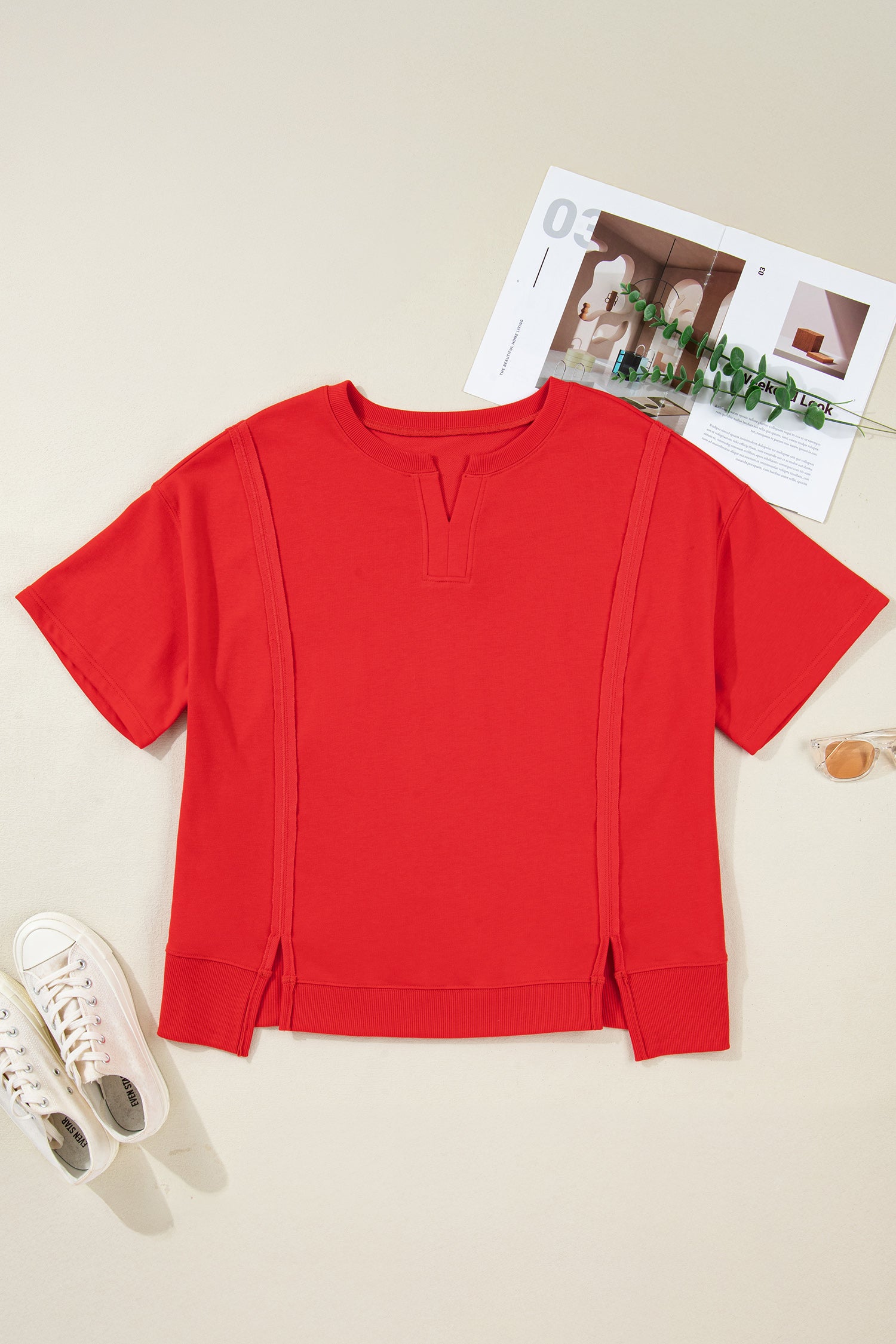 Fiery Red Plus Size Solid Color Notched Neck Seam Detail Patchwork Short Sleeve Top