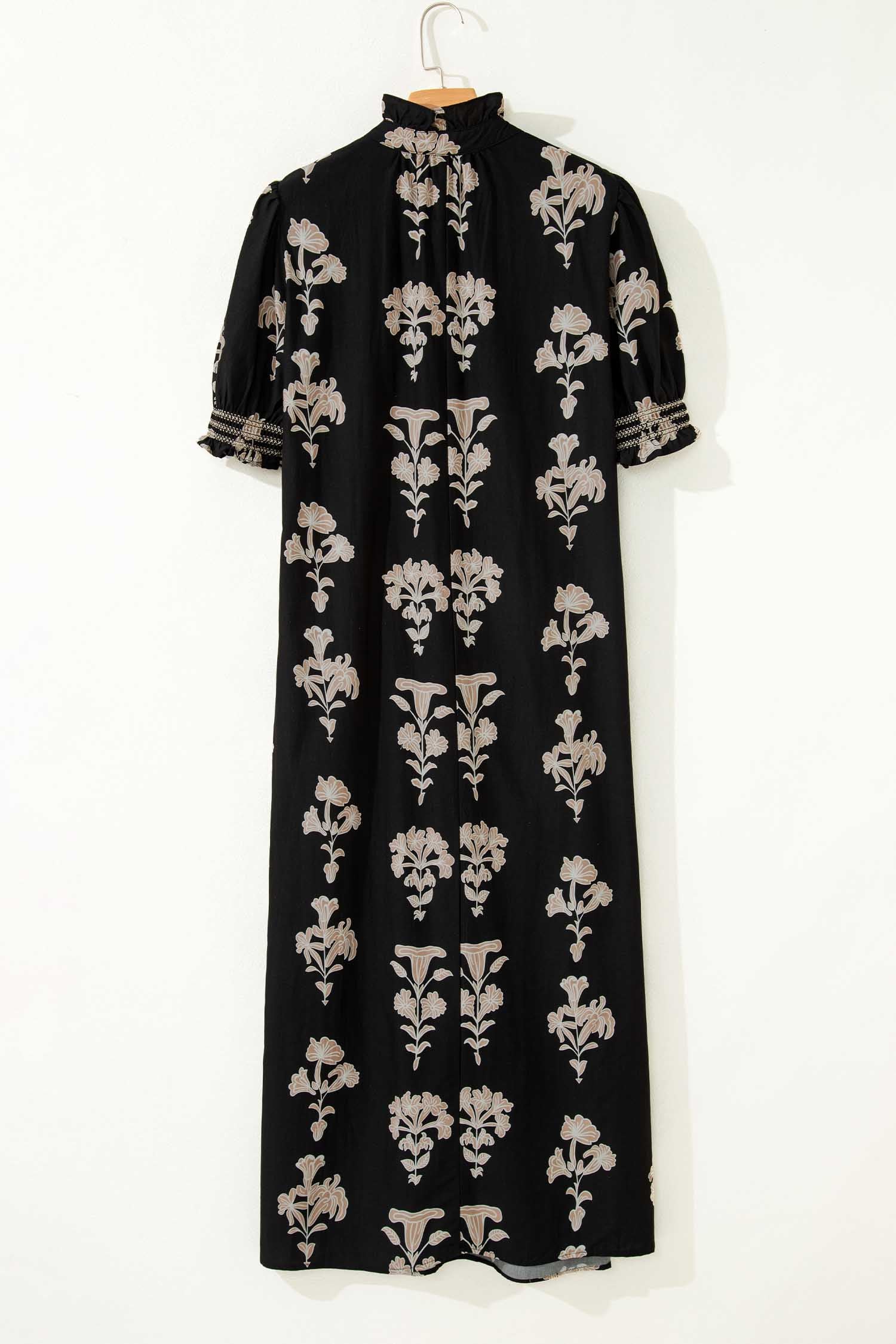 Black Floral Print Frilled Collar Short Puff Sleeve Plus Size Maxi Dress