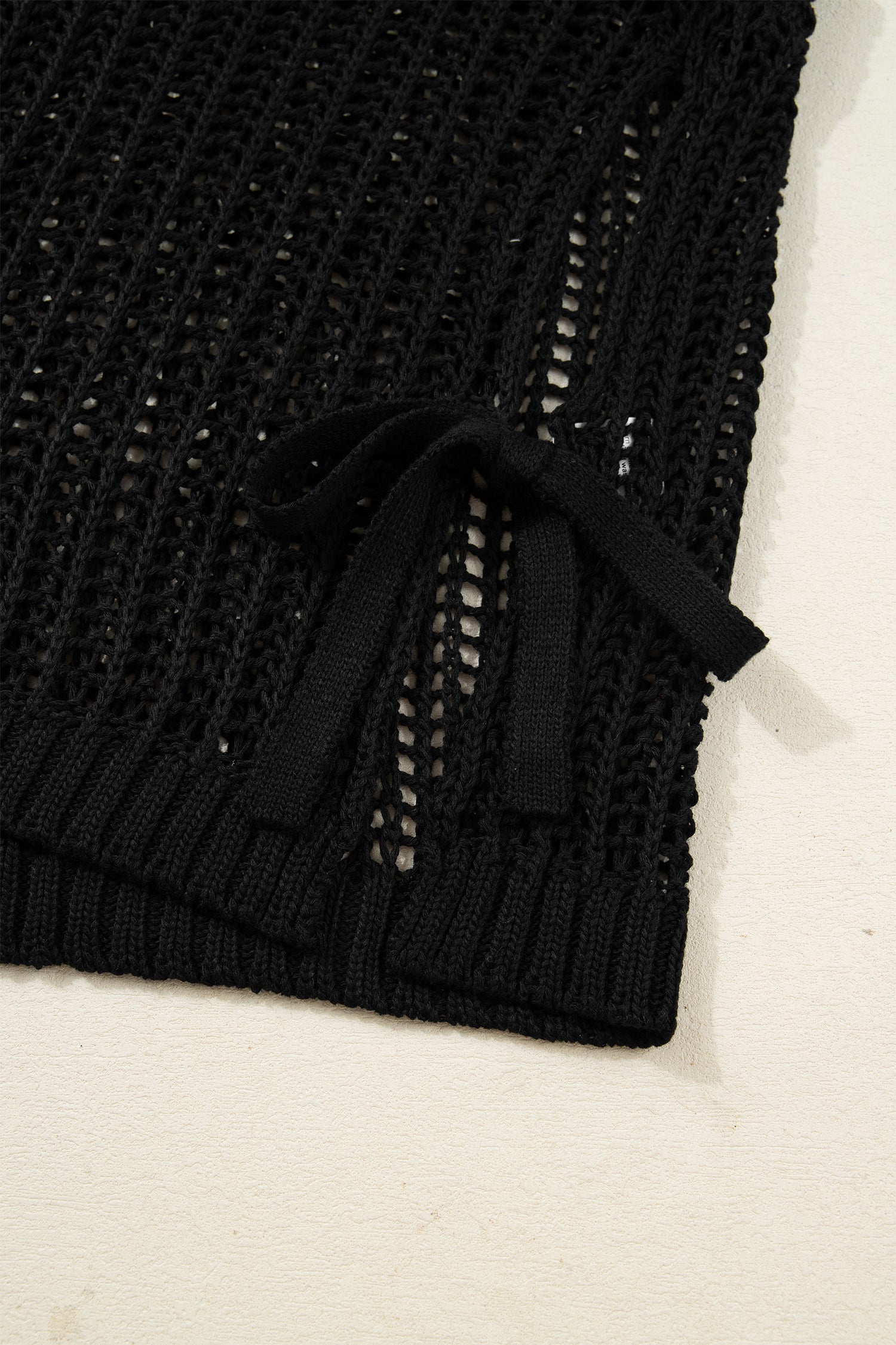 Black Plus Size Open Knit Bow Tie Short Sleeve Sweater