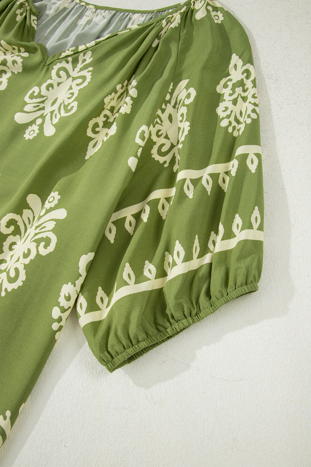 Green Boho Chic Notched V Neck Plus Floral Short Sleeve Top