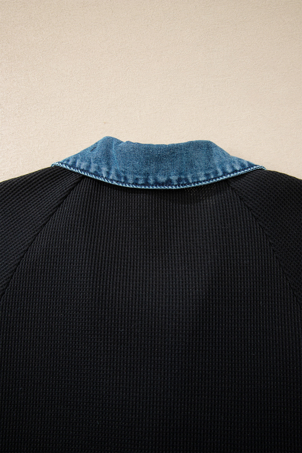 Black Waffle Knit Denim Contrast Trim Patchwork Button Polo Tee Dress